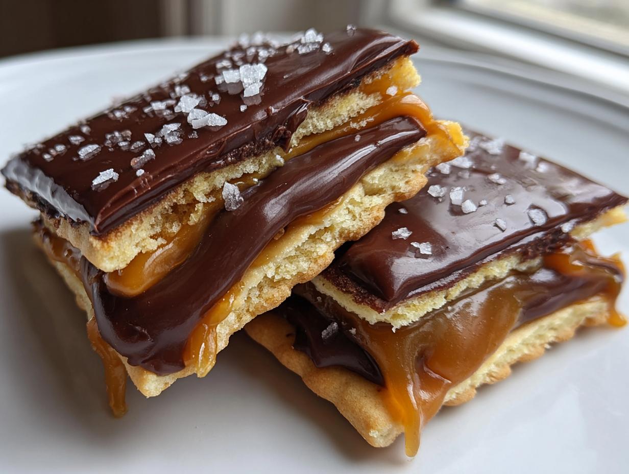 Two stacked caramel ritz cracker christmas cookies showing gooey caramel filling and chocolate topping sprinkled with sea salt.