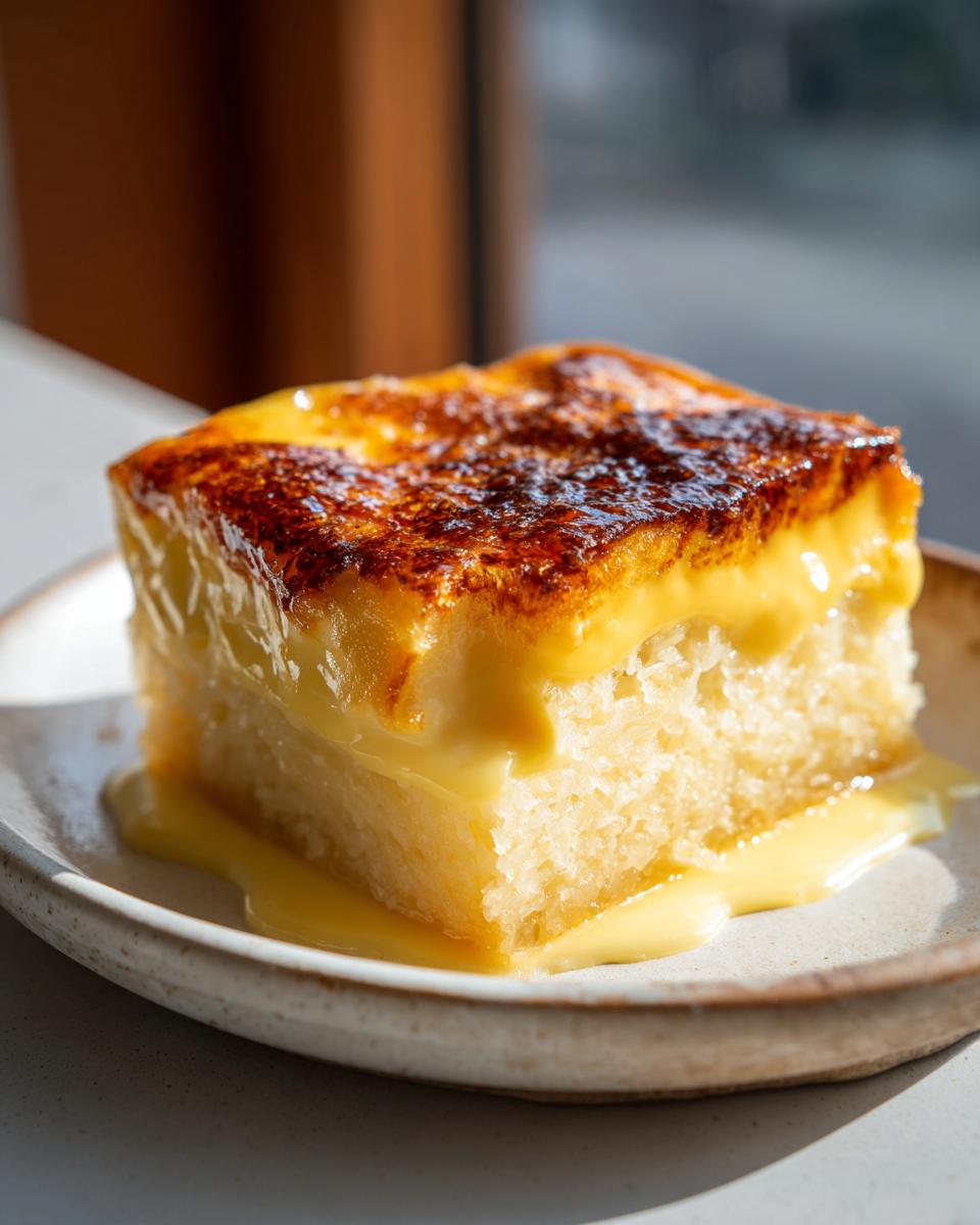 A square slice of moist cassava cake topped with a thick, creamy yellow custard and a caramelized brown crust.