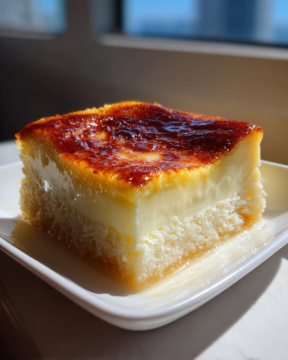 A square slice of moist cassava cake with a thick, creamy custard layer and a deeply caramelized top, served on a white dish.