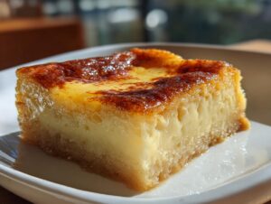 Close-up of a creamy, golden slice of cassava cake with a dark, caramelized top, served on a white plate.