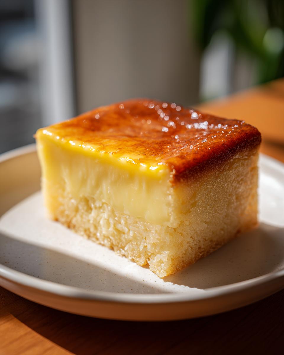A square slice of rich cassava cake featuring a dense base and a creamy custard layer topped with a glossy, caramelized brown sugar crust.