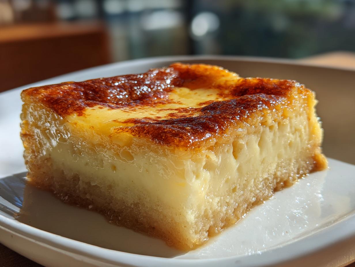 Close-up of a creamy, golden slice of cassava cake with a dark, caramelized top, served on a white plate.