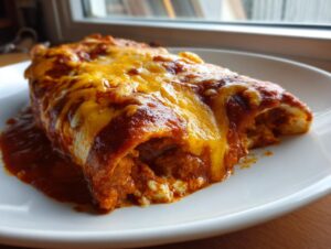 Close-up of a single, saucy cheese enchilada covered in melted cheddar and red sauce.
