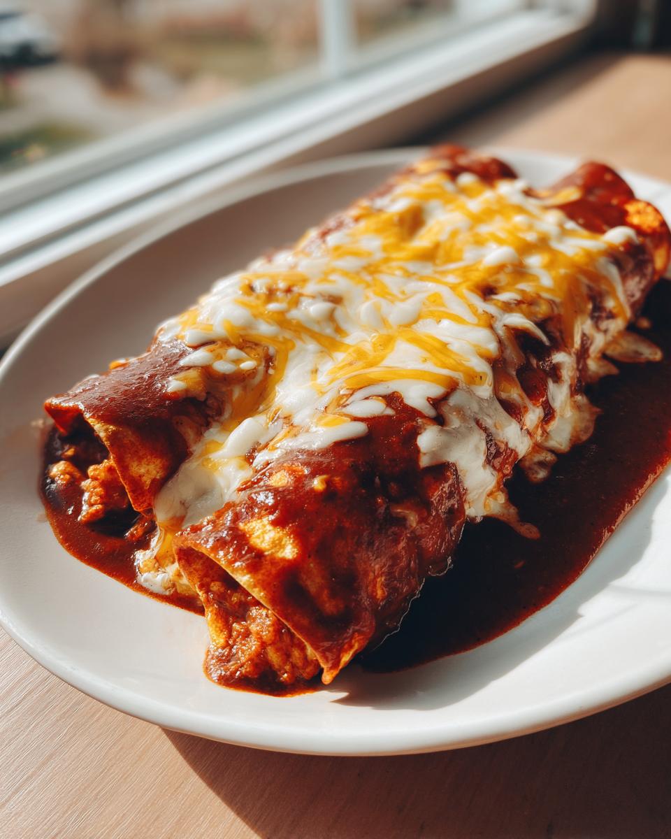 Close-up of two cheese enchiladas covered in red sauce and melted white and yellow cheese.