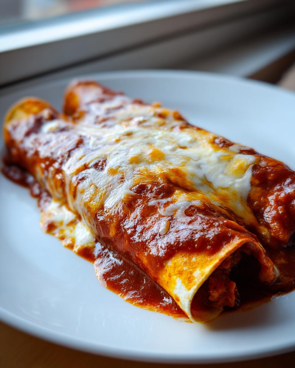 Two rolled cheese enchiladas smothered in red sauce and topped with melted white and yellow cheese.