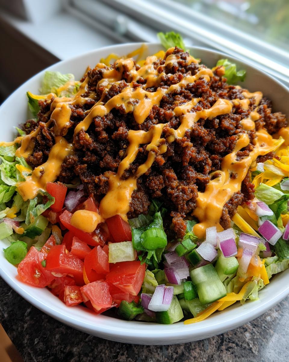 A vibrant cheeseburger bowl featuring seasoned ground beef, shredded lettuce, diced tomatoes, onions, and a drizzle of orange special sauce.