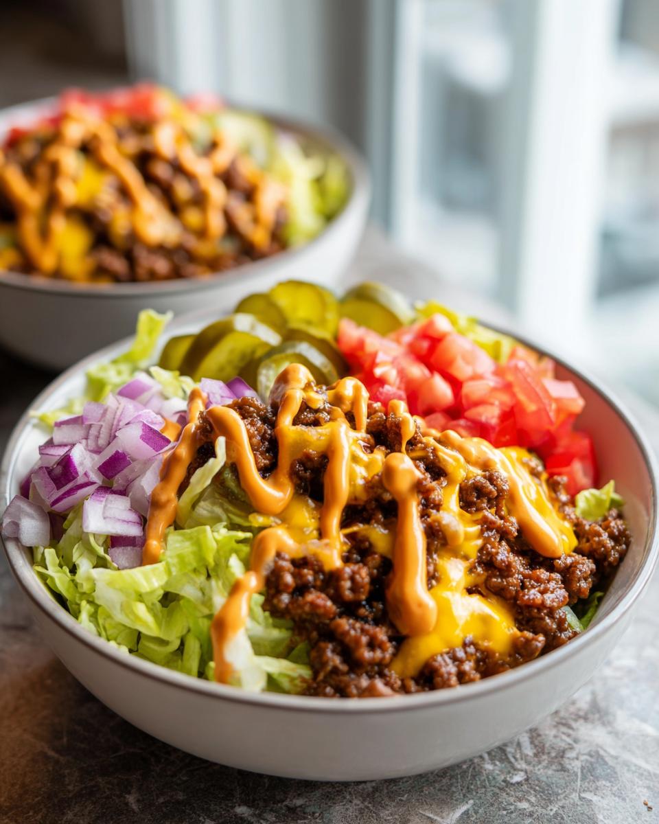 A close-up of a delicious cheeseburger bowl featuring seasoned ground beef, lettuce, red onion, pickles, tomatoes, and a generous drizzle of cheese sauce.