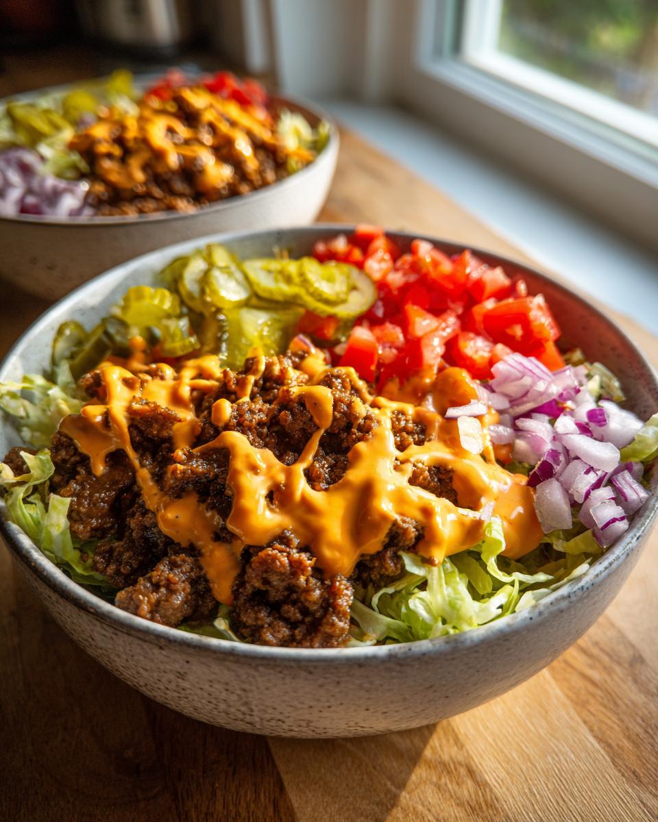 Close-up of a hearty cheeseburger bowl featuring seasoned ground beef, cheese sauce, lettuce, pickles, tomatoes, and red onion.