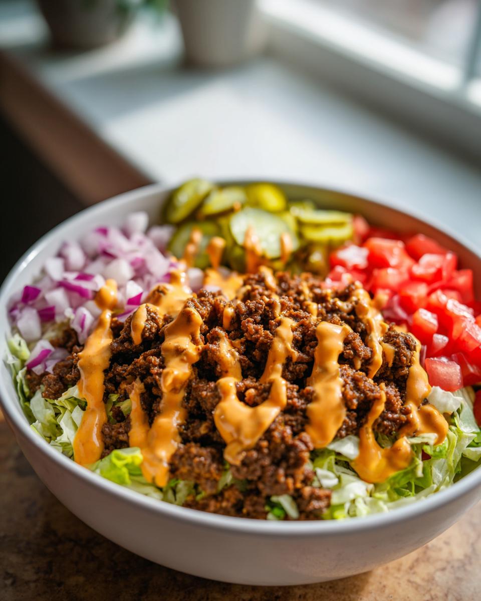 A close-up of a delicious cheeseburger bowl featuring seasoned ground beef, lettuce, diced tomatoes, red onions, pickles, and a generous drizzle of special sauce.