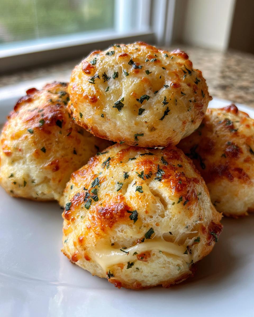 Close-up of four golden-brown, cheesy pizza bites topped with herbs, with melted cheese oozing out.