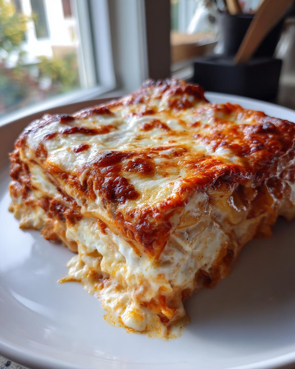 A thick, cheesy slice of lasagna-style pasta bake with a golden-brown, bubbly top layer.
