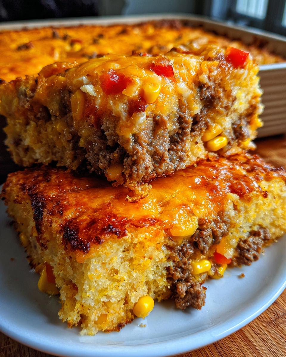 Two stacked slices of rich mexican cornbread casserole showing layers of seasoned ground beef, corn, and melted cheese topping.