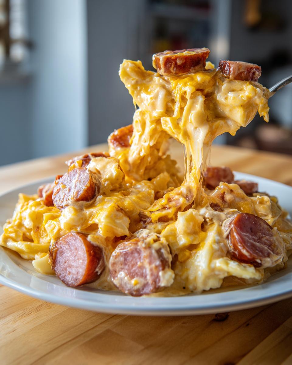 A fork lifts a cheesy, gooey portion of pierogi casserole topped with slices of smoked sausage.