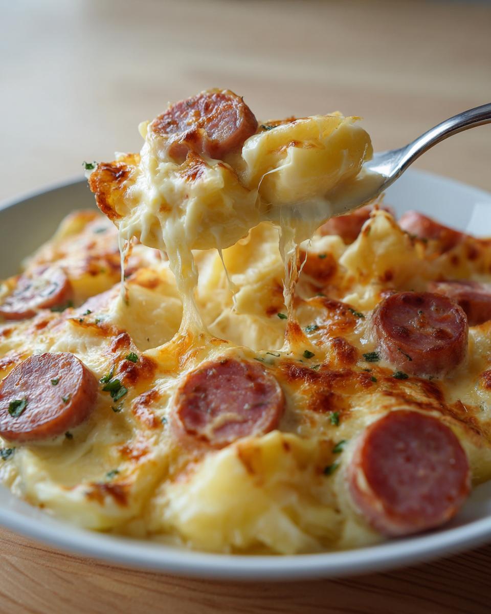A fork lifts a cheesy, gooey portion of pierogi casserole topped with sliced sausage from a white bowl.