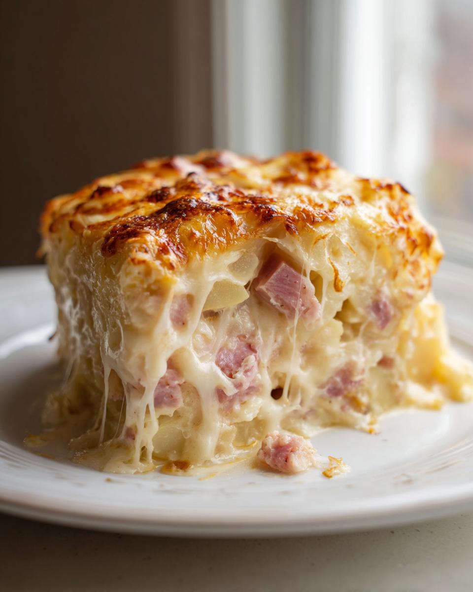 A rich, cheesy slice of scalloped potatoes and ham with a golden-brown top, oozing sauce.