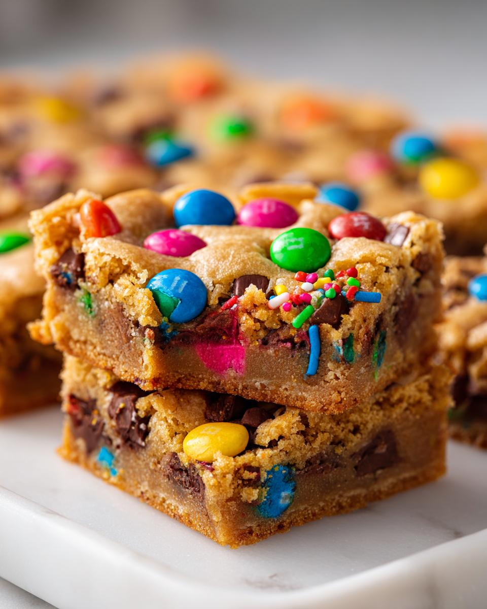 Two stacked, chewy christmas cookie bars loaded with chocolate chips and colorful candy pieces.