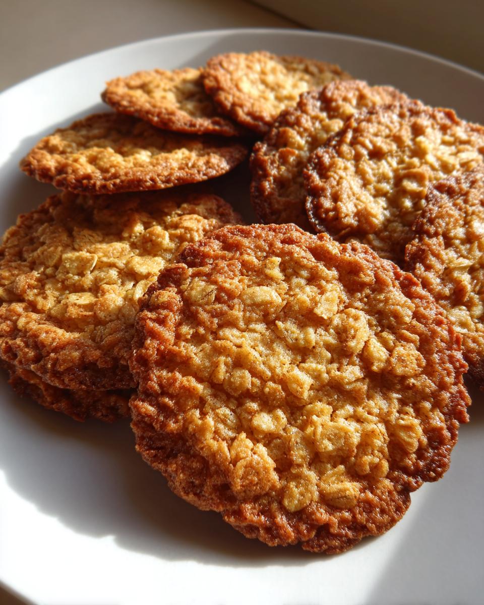 Several golden brown, crispy oatmeal lace cookies stacked and spread on a white plate, showing texture.
