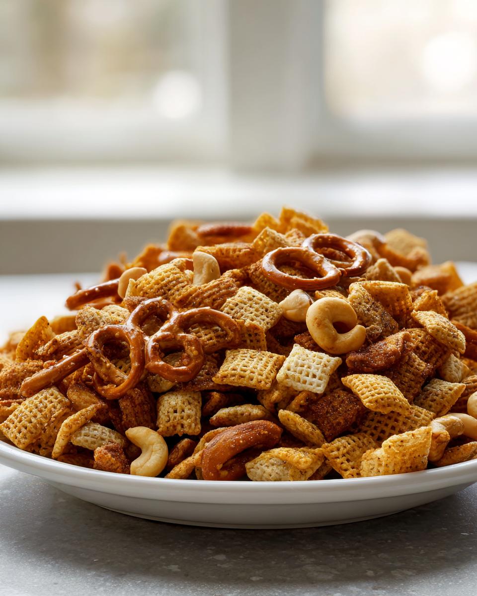 A heaping white bowl filled with savory, seasoned Chex party mix featuring cereal squares, pretzels, and cashews.