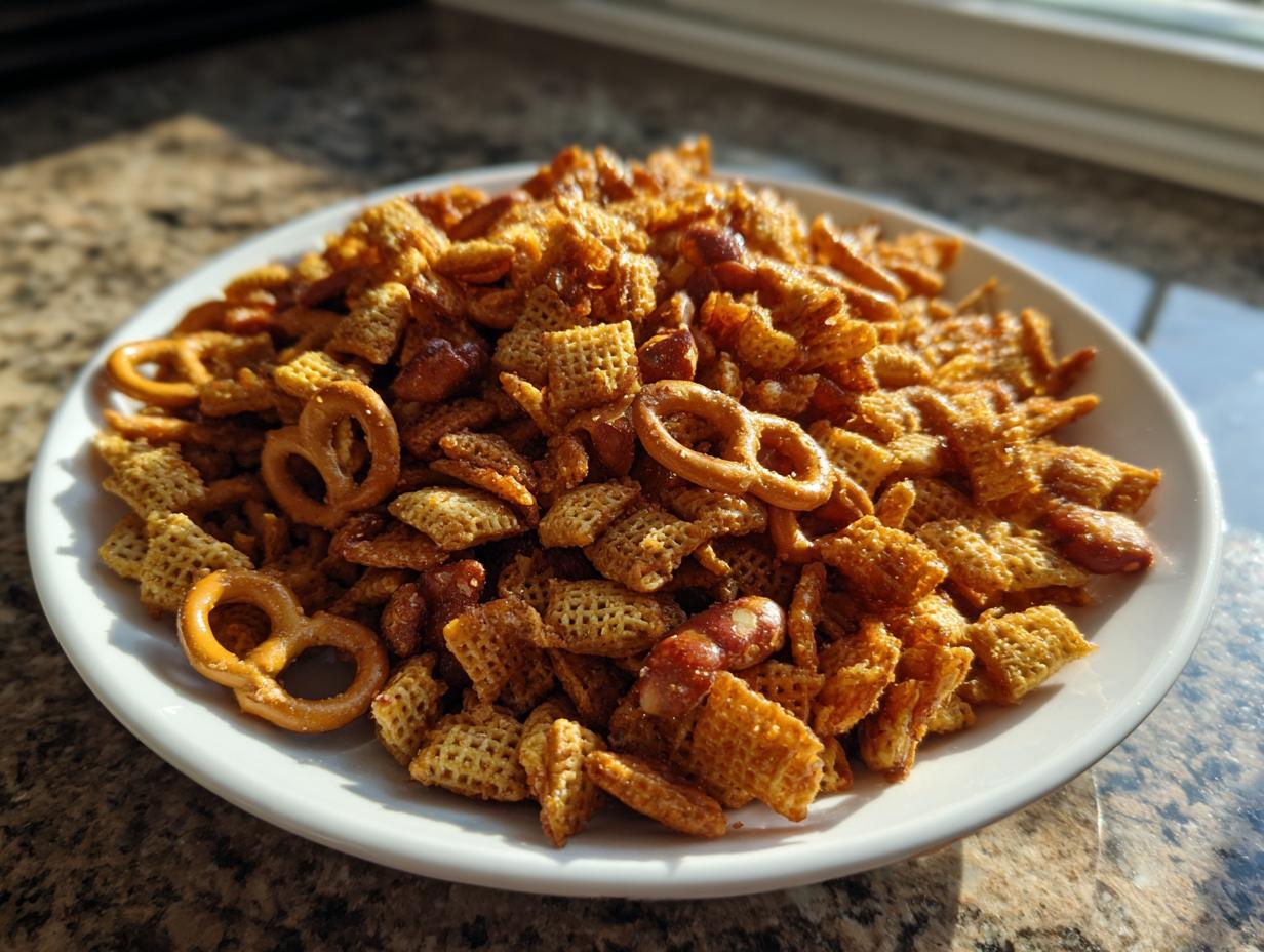 A close-up view of a white plate piled high with seasoned Chex party mix, including Chex cereal, pretzels, and nuts.