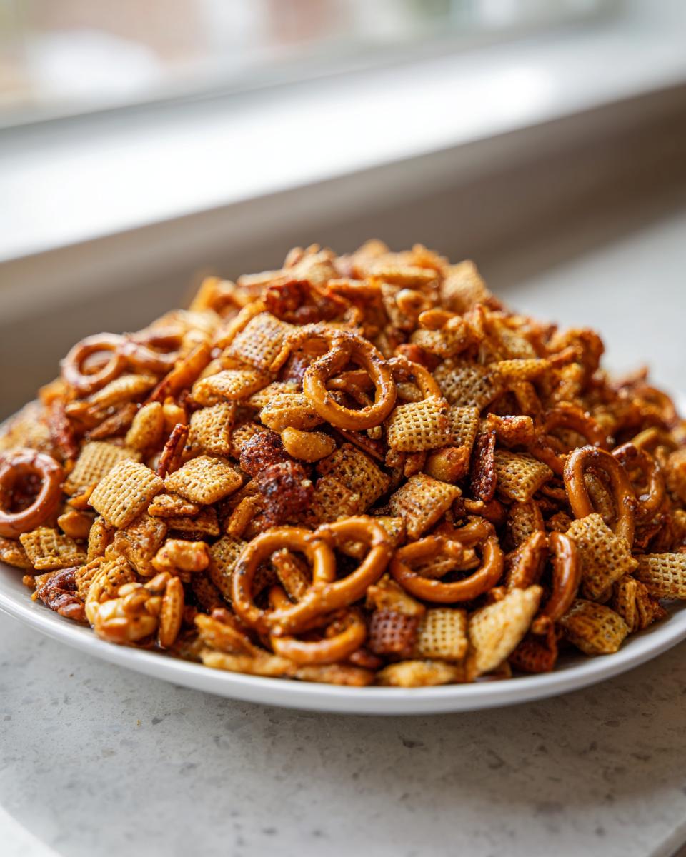 A large white platter piled high with homemade Chex party mix featuring seasoned Chex cereal and mini pretzels.