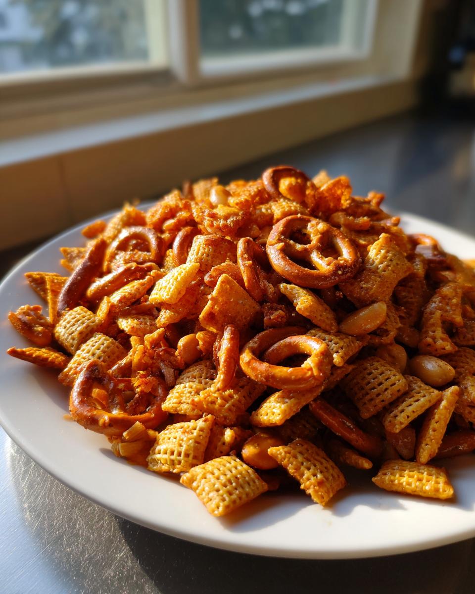 A close-up of a white plate overflowing with seasoned Chex party mix, featuring Chex cereal, pretzels, and nuts.
