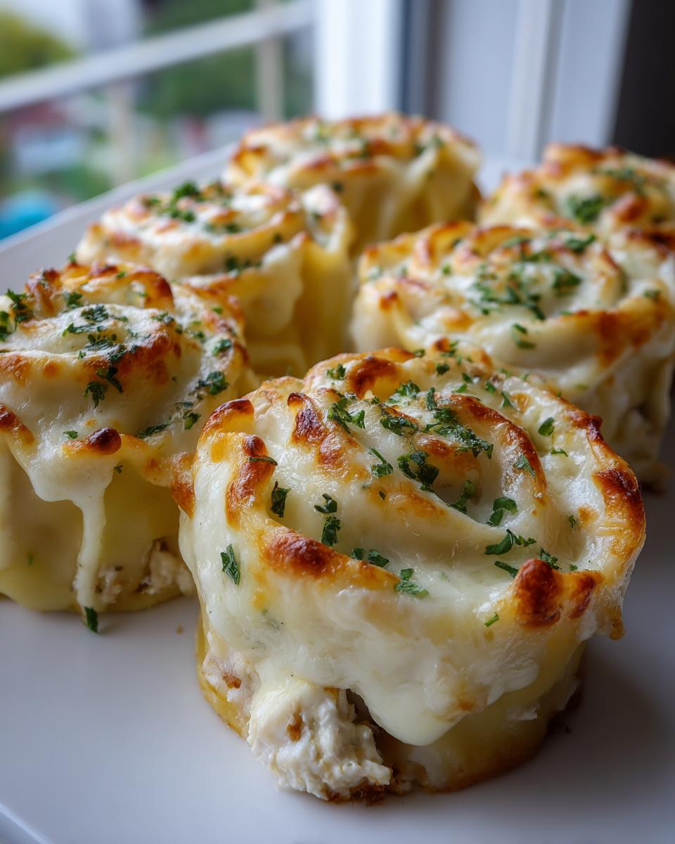 Close-up of baked chicken alfredo lasagna pinwheels topped with bubbly, melted cheese and fresh parsley.