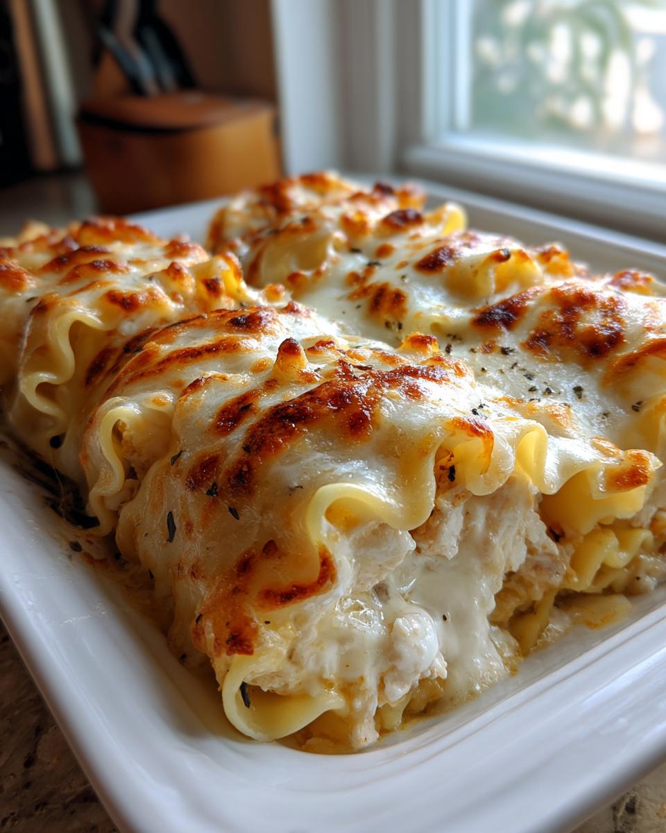 Close-up of baked chicken alfredo lasagna rolls topped with bubbly, browned mozzarella cheese.
