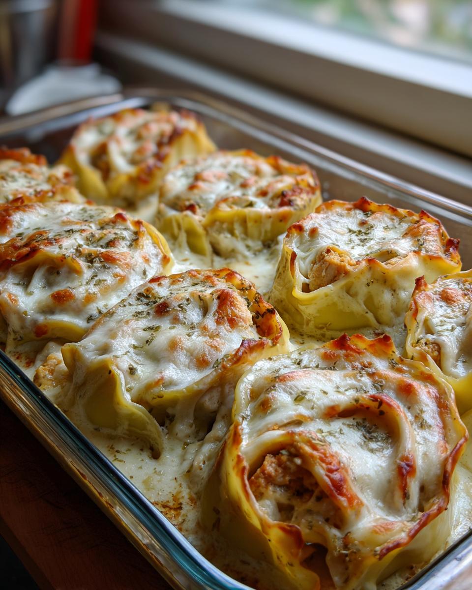 Close-up of baked chicken alfredo lasagna rolls topped with bubbly, melted cheese and herbs in a glass baking dish.