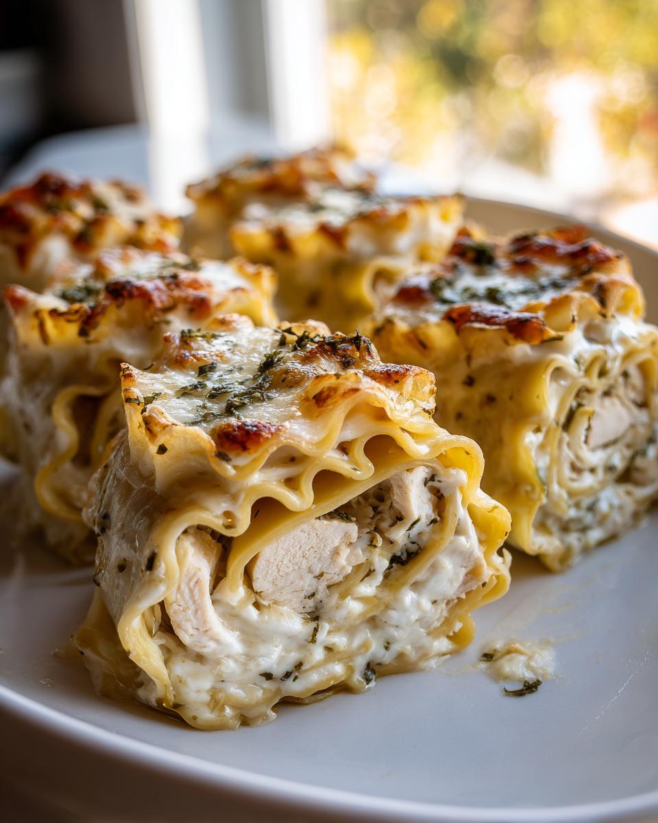 Close-up of rolled portions of chicken alfredo lasagna, showing creamy filling and browned cheese topping.