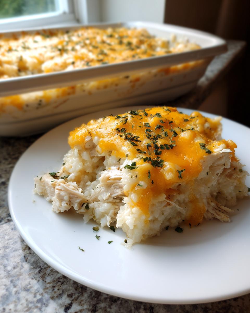 A serving of chicken cauliflower rice casserole topped with melted cheddar cheese and parsley on a white plate.