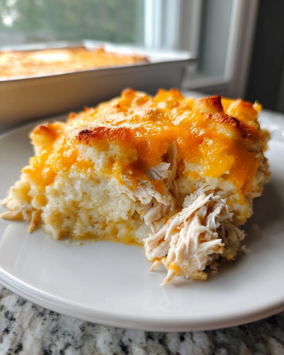 A close-up serving of chicken cauliflower rice casserole topped with melted cheddar cheese.