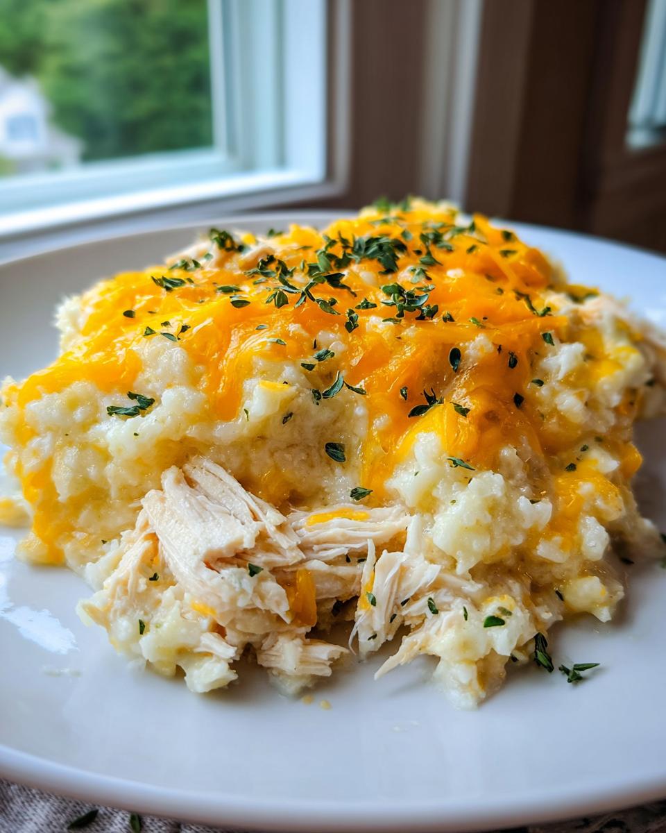 A close-up serving of chicken cauliflower rice casserole topped with melted cheddar cheese and fresh herbs.