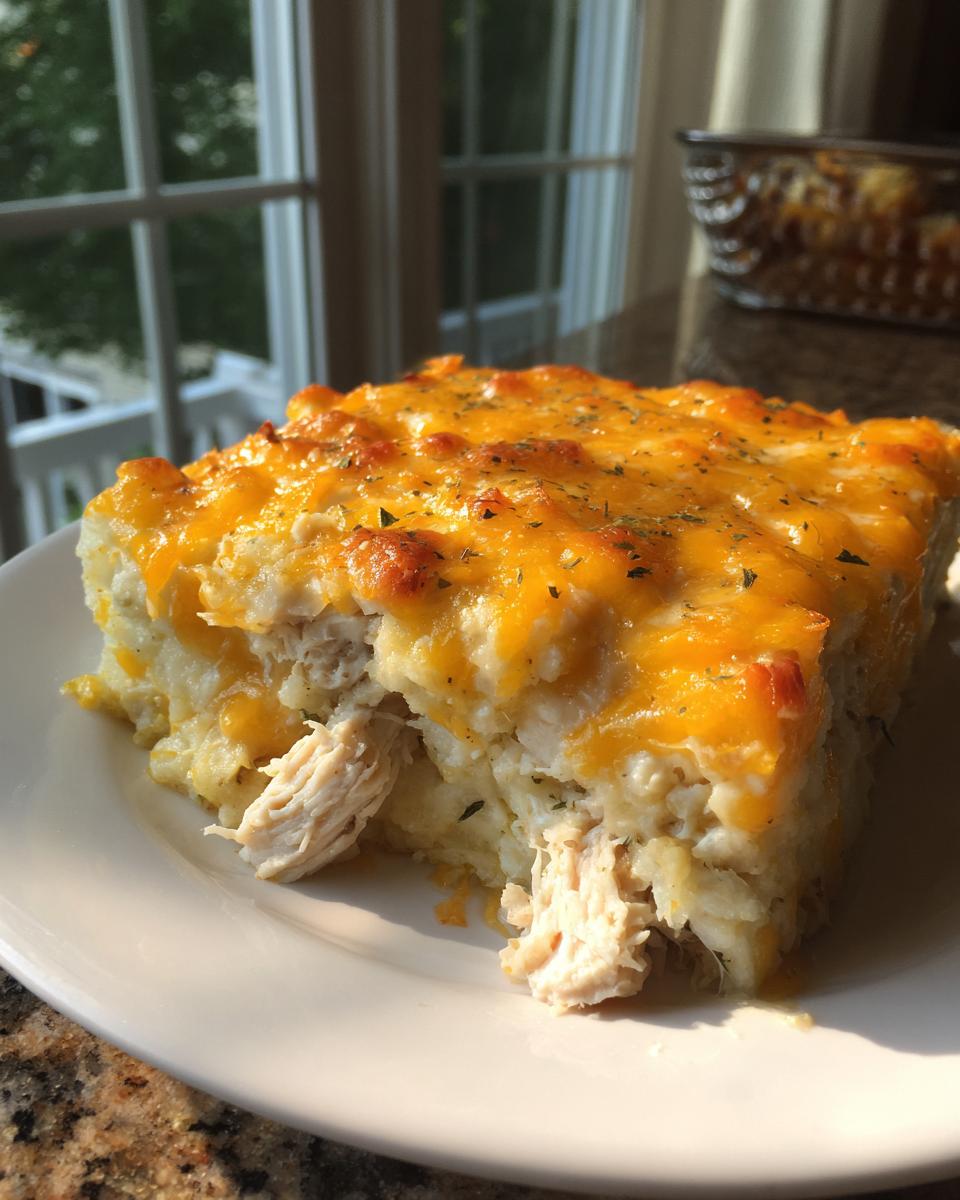 A generous slice of chicken cauliflower rice casserole topped with melted cheddar cheese, showing shredded chicken inside.