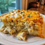 A generous slice of cheesy chicken cauliflower rice casserole topped with melted cheddar and parsley.