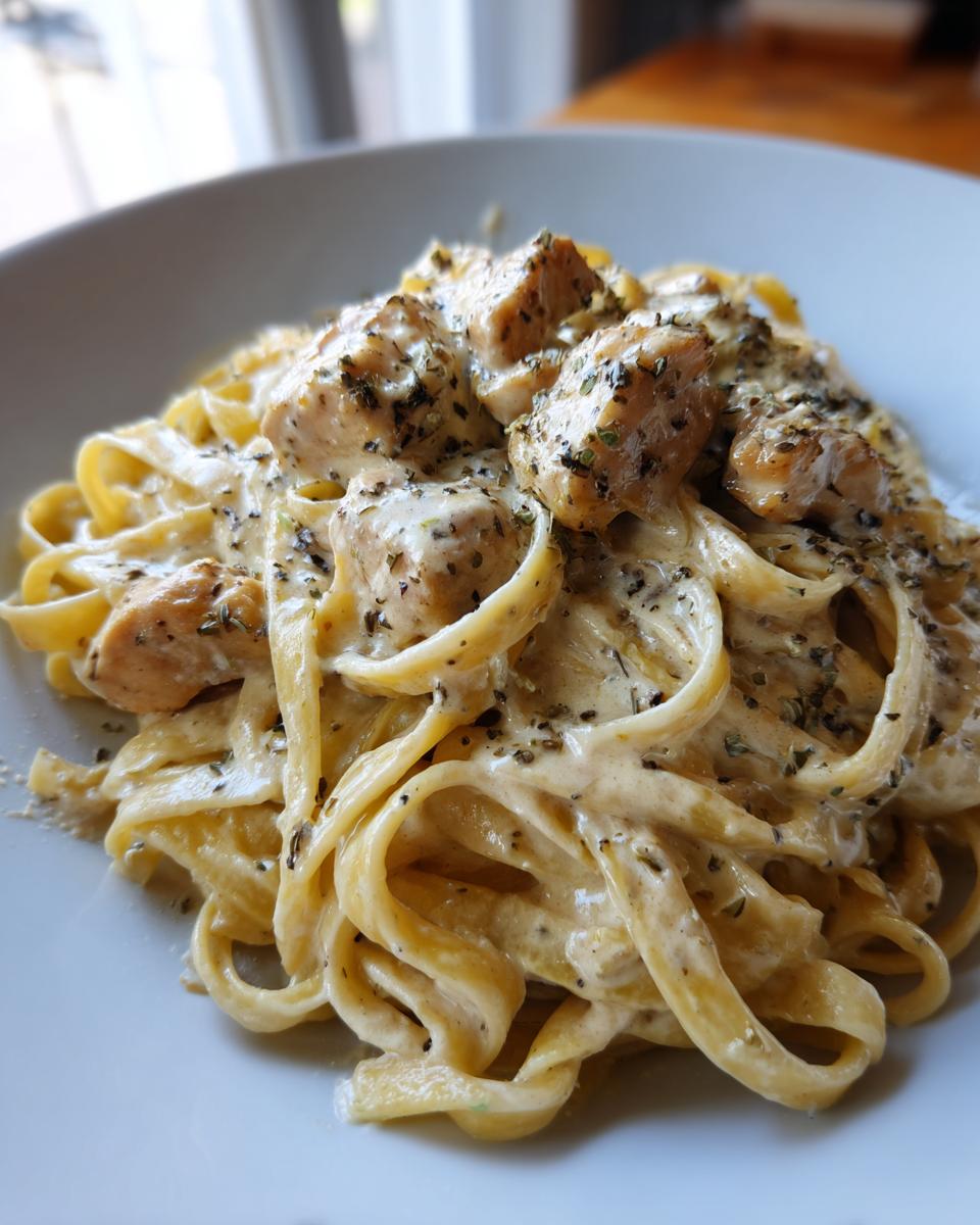 Close-up of a serving of rich chicken fettuccine alfredo pasta coated in creamy sauce and sprinkled with herbs.