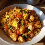 A close-up bowl of delicious chicken fried rice with chunks of chicken, scrambled egg, carrots, and peas.