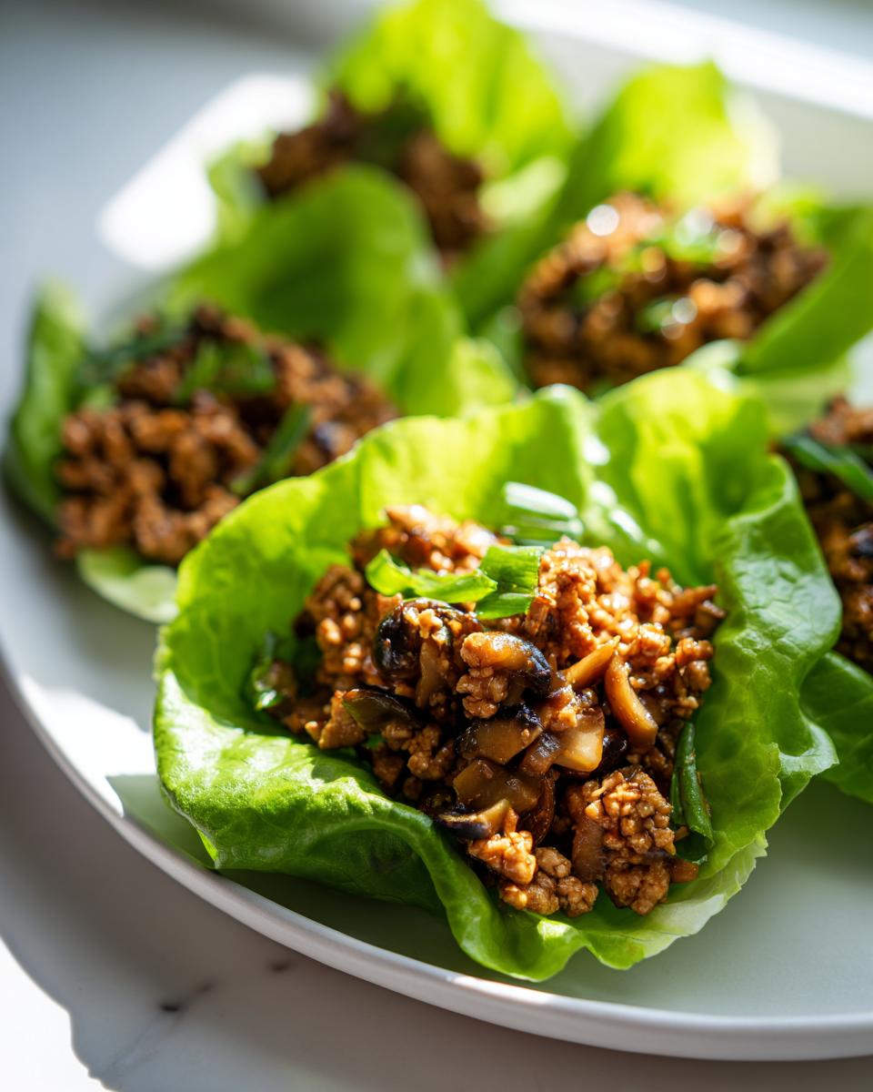 A close-up of several delicious chicken lettuce wraps filled with seasoned ground chicken and mushrooms, garnished with green onions.