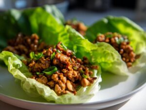 Close-up of delicious chicken lettuce wraps filled with savory ground chicken mixture and topped with green onions.