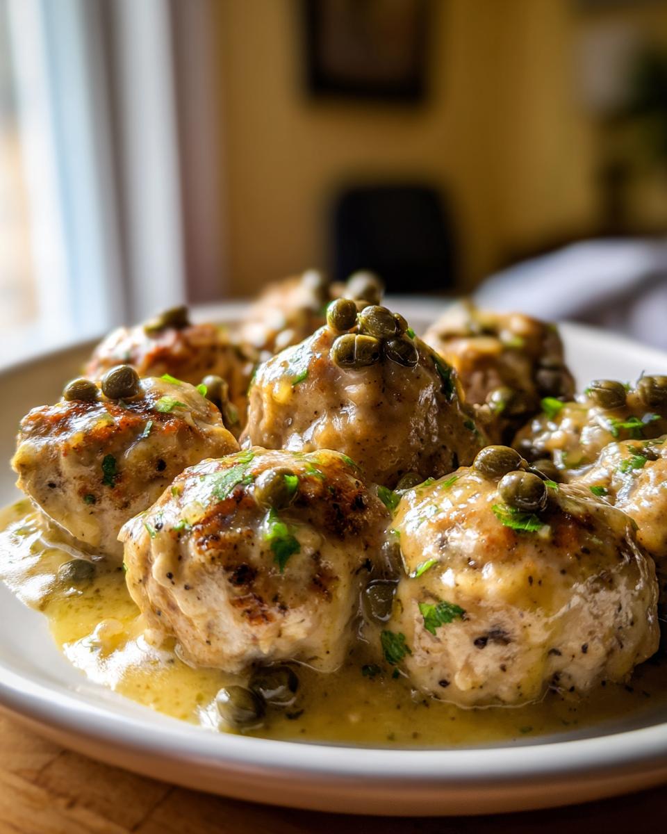 A plate of juicy chicken piccata meatballs smothered in lemon-butter sauce and topped with capers.