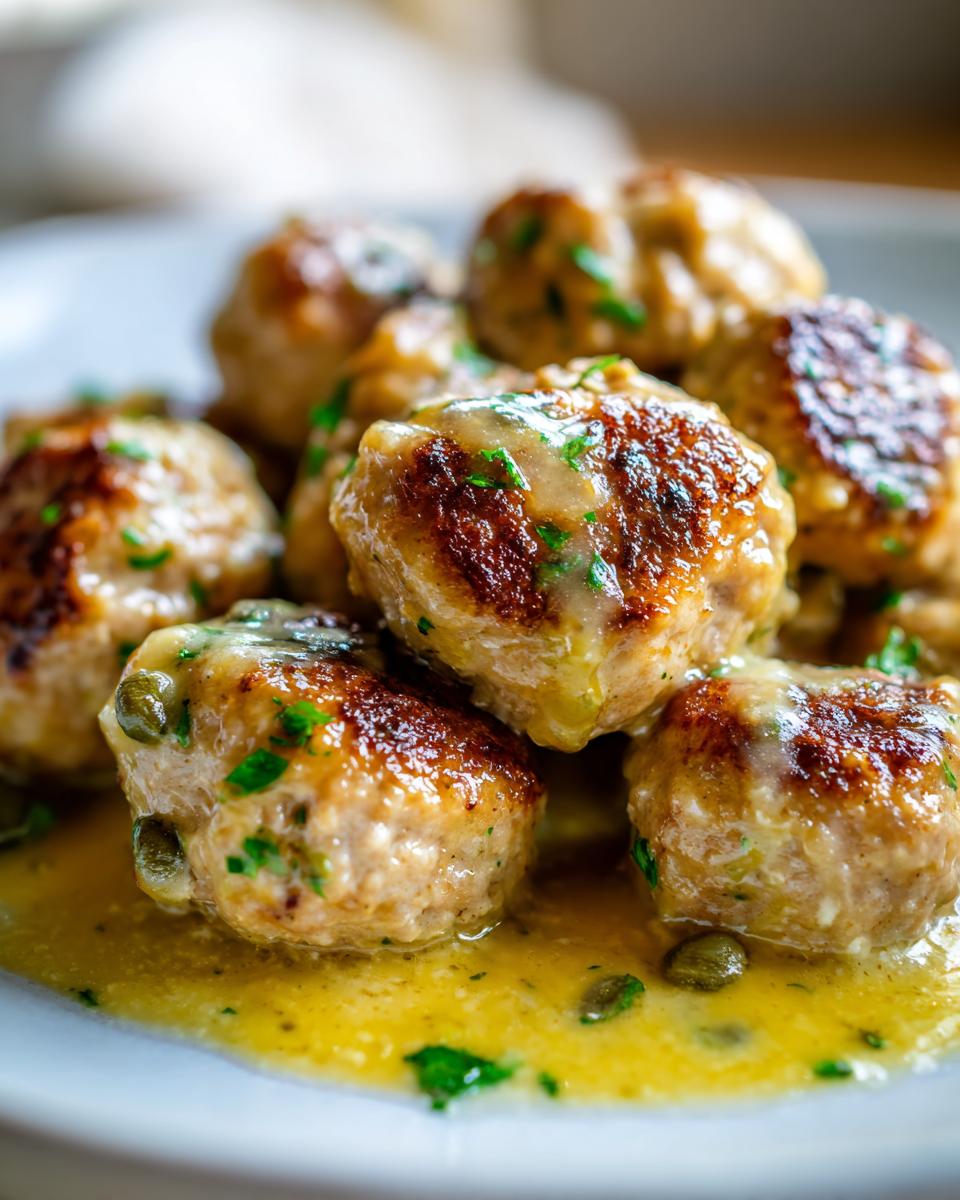 Close-up of browned chicken piccata meatballs covered in a bright lemon-butter sauce with capers and parsley.