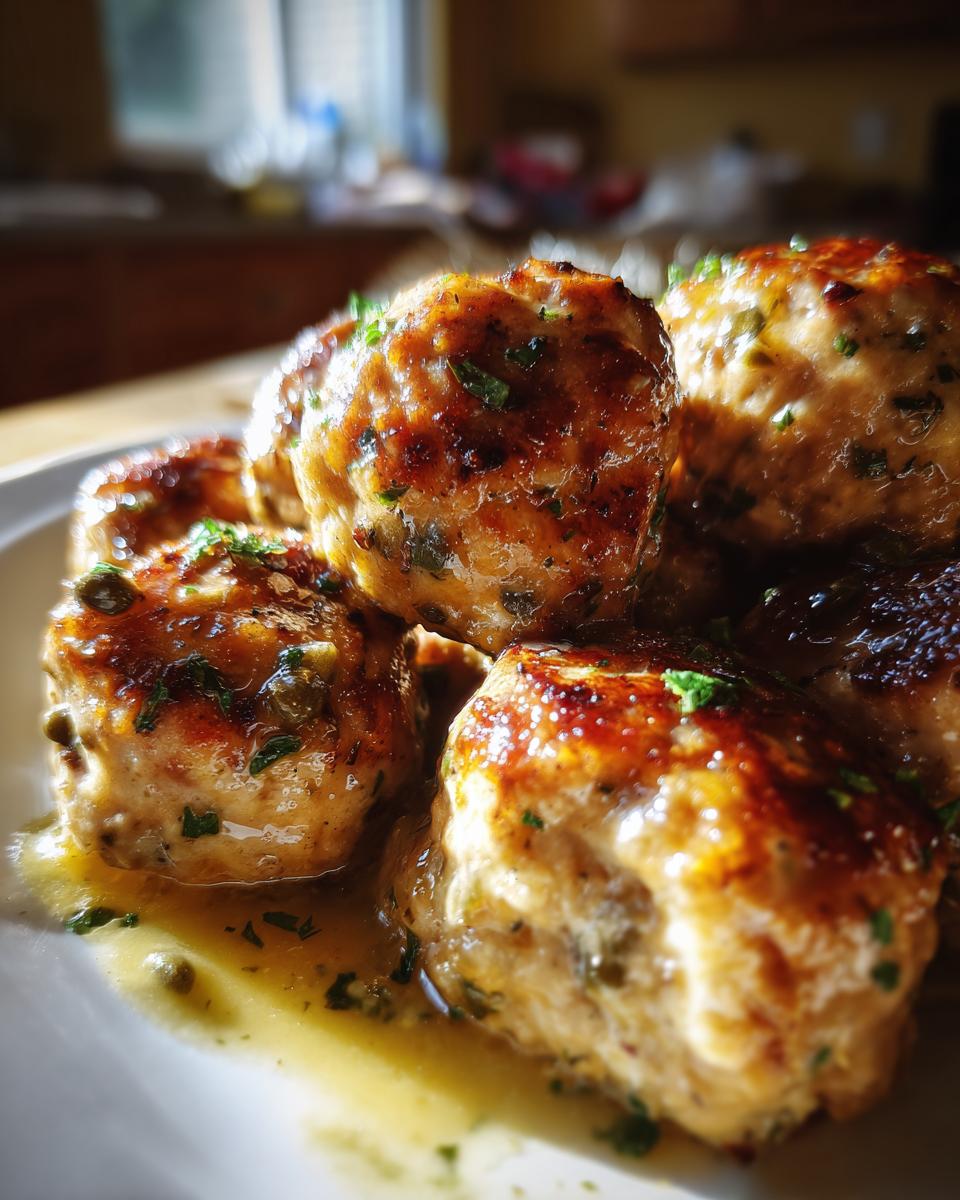 Close-up of golden brown chicken piccata meatballs coated in a glossy lemon-butter sauce with capers and parsley.