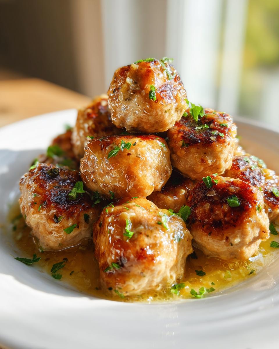 A stack of golden-brown chicken piccata meatballs glistening in lemon butter sauce and garnished with fresh parsley.