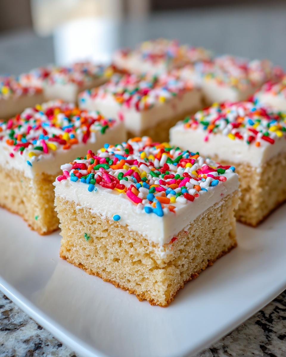 A close-up of a square slice of christmas sugar cookie bars topped with white frosting and colorful sprinkles.