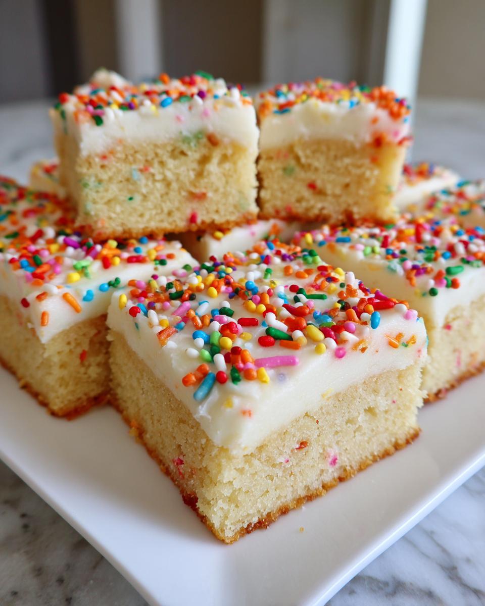 A stack of square christmas sugar cookie bars topped with thick white frosting and rainbow sprinkles.