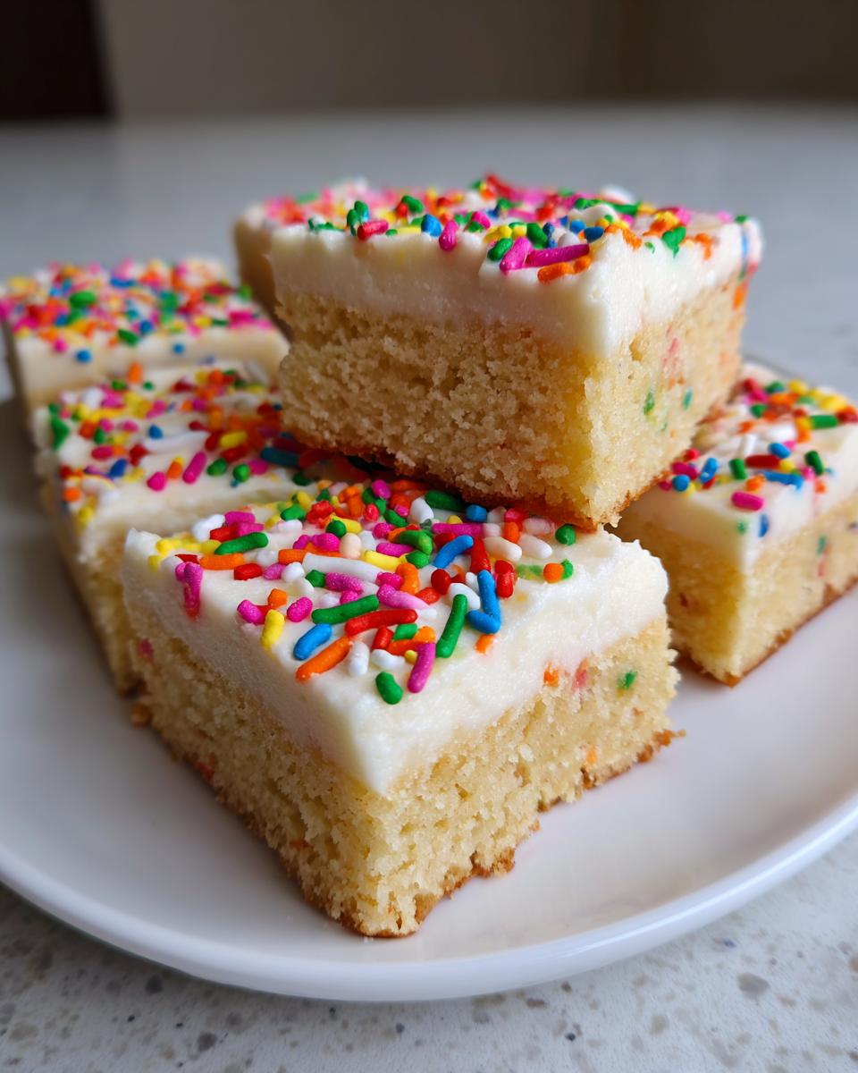Close-up of stacked christmas sugar cookie bars topped with thick white frosting and colorful sprinkles.
