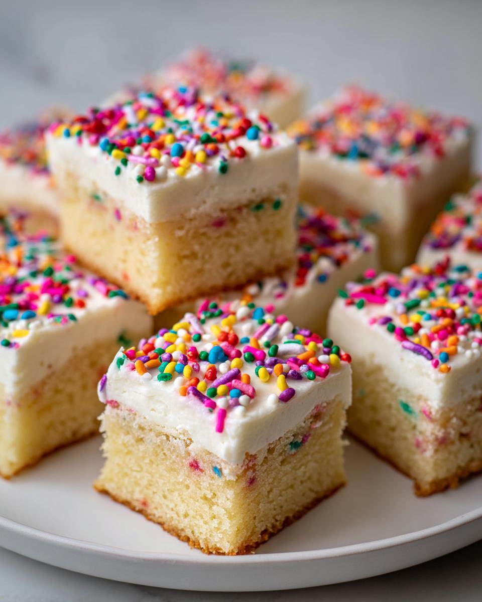 Several square portions of christmas sugar cookie bars topped with thick white frosting and colorful rainbow sprinkles.