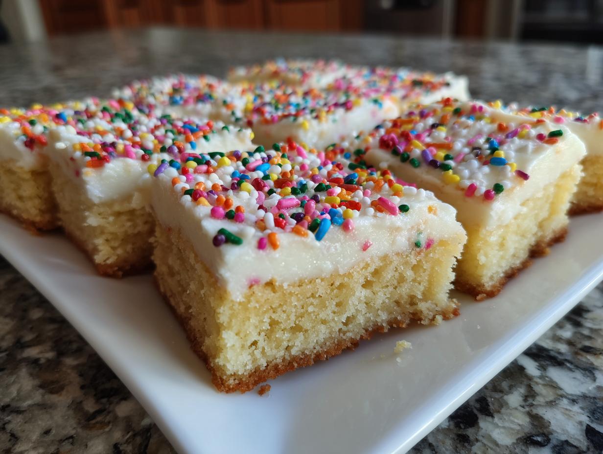 Close-up of several squares of christmas sugar cookie bars topped with white frosting and colorful sprinkles.