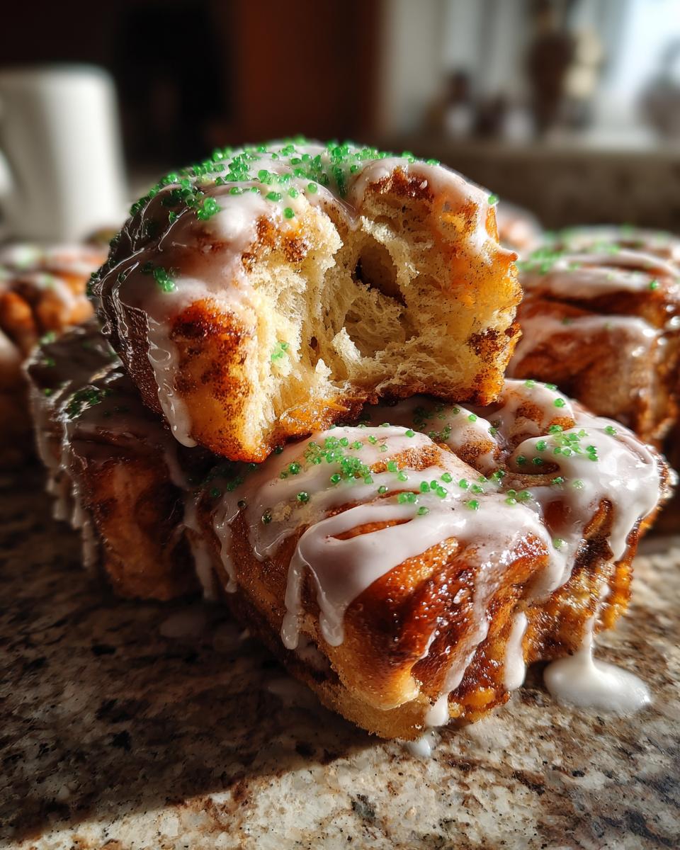 Close-up of soft Christmas tree cinnamon rolls stacked, drizzled with white icing and green sprinkles.