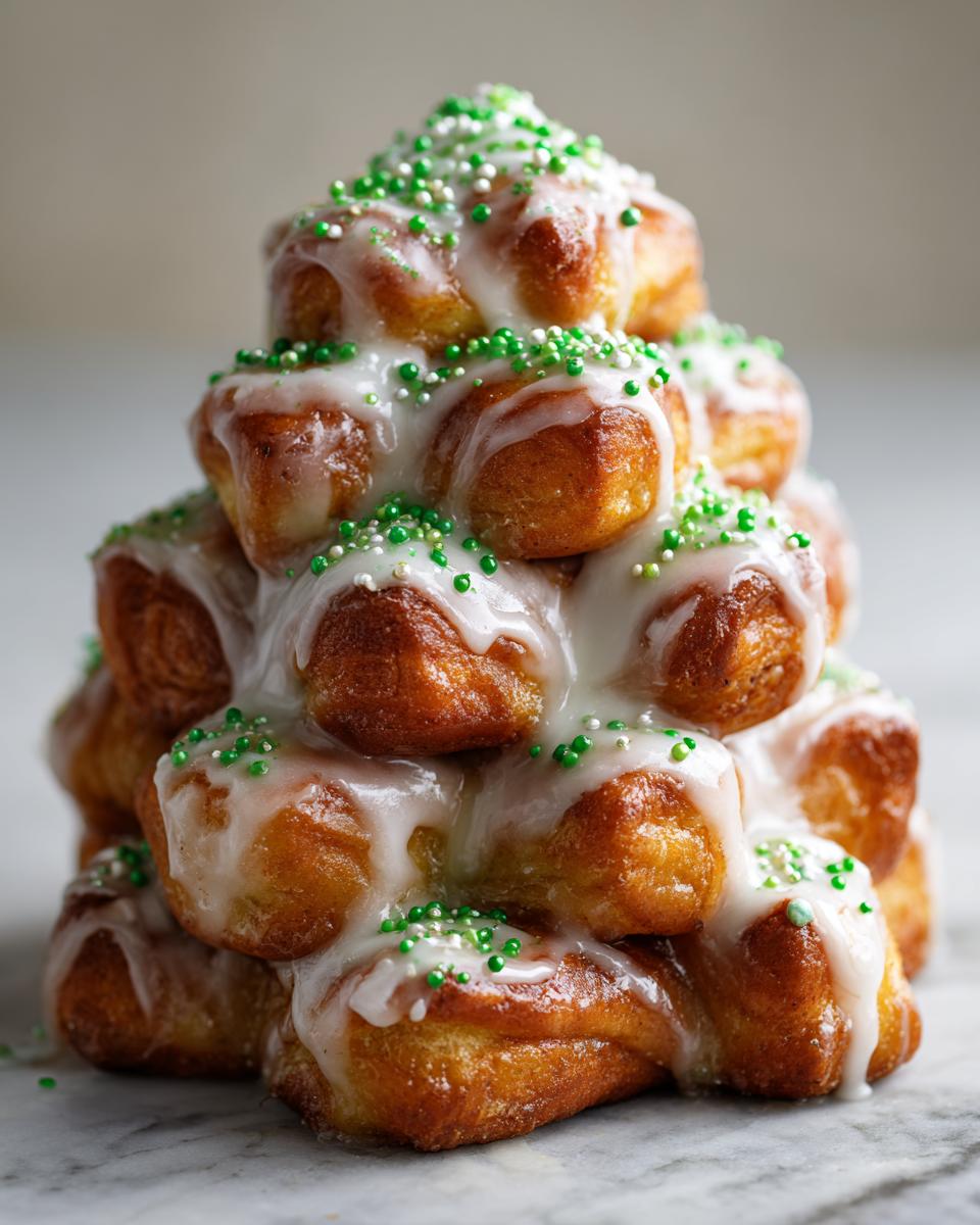 A stack of glazed, golden brown cinnamon rolls shaped like a Christmas tree, topped with white icing and green sprinkles.