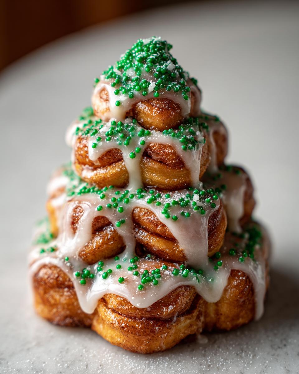 A stack of baked cinnamon rolls shaped like a Christmas tree, drizzled with white icing and covered in green sprinkles.